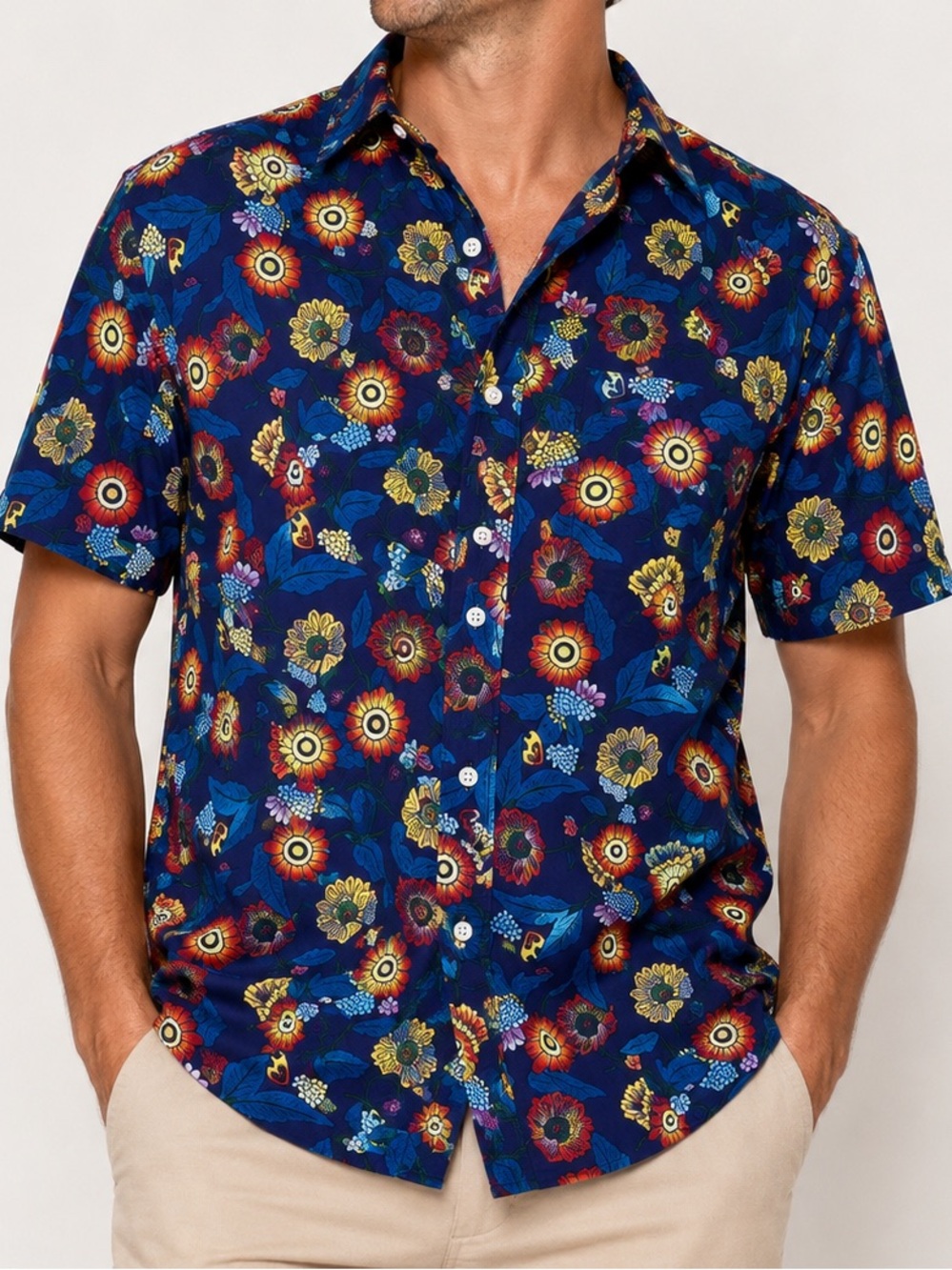 STEELE Men’s Aloha Shirt Bold Multicolor Floral 100% Cotton Size Large